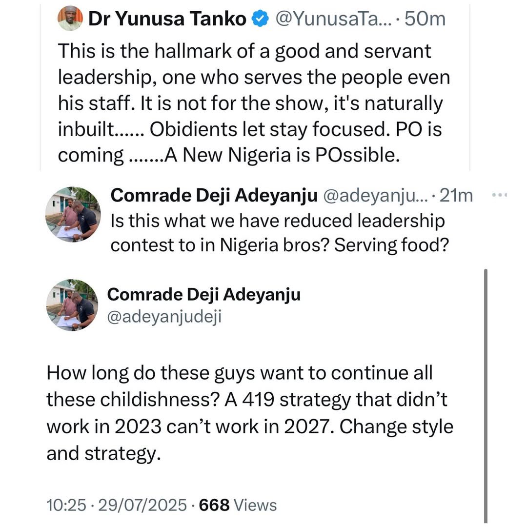 Naijablogger's tweet image. Activist, Deji Adeyanju, reacts as Obidient leader, Yunusa Tanko, shares video of Peter Obi serving himself and others breakfast this morning