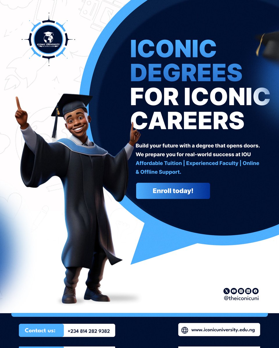 TheIconicUni's tweet image. What are you still waiting for? Build your future with a degree that opens doors at Iconic Open University today

#LearnAnywhere #IconicUniversity #OpenLearningMadeEasy #DistanceLearningNigeria #StudyAtYourPace