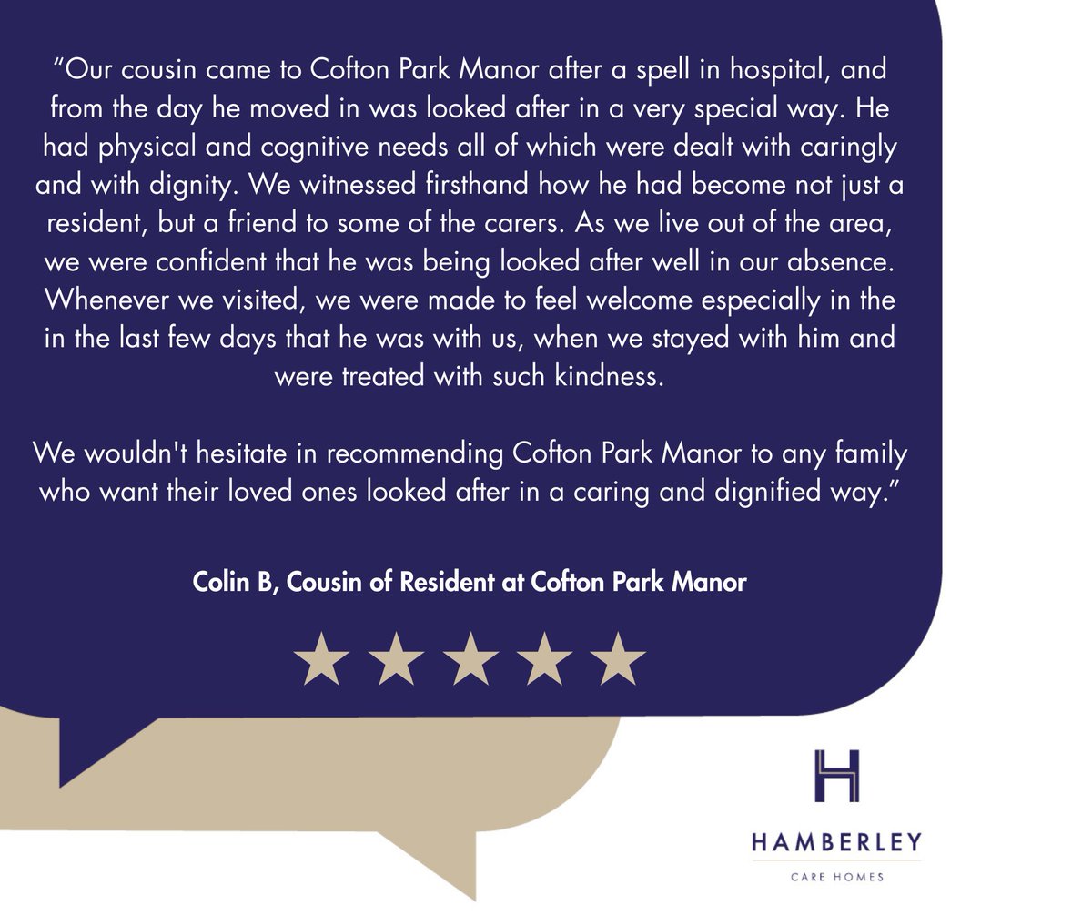🔍 Searching for the perfect care home in Cofton Hackett? Look no further! We're delighted to share a fantastic 5-star review that showcases the exceptional care and services we provide at our Cofton Park Manor Care Home ⭐️⭐️⭐️⭐️⭐️