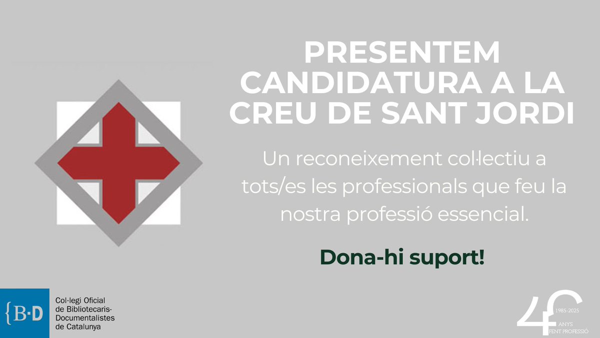 📚 Celebrem els 40 anys del COBDC amb la candidatura col·lectiva a la Creu de Sant Jordi, en reconeixement a la tasca que feu cada dia des de biblioteques públiques, escolars, universitats, empreses i administracions. Dona-hi suport! 👇

🔗 cobdc.org/formulari-creu…

#40anysCOBDC