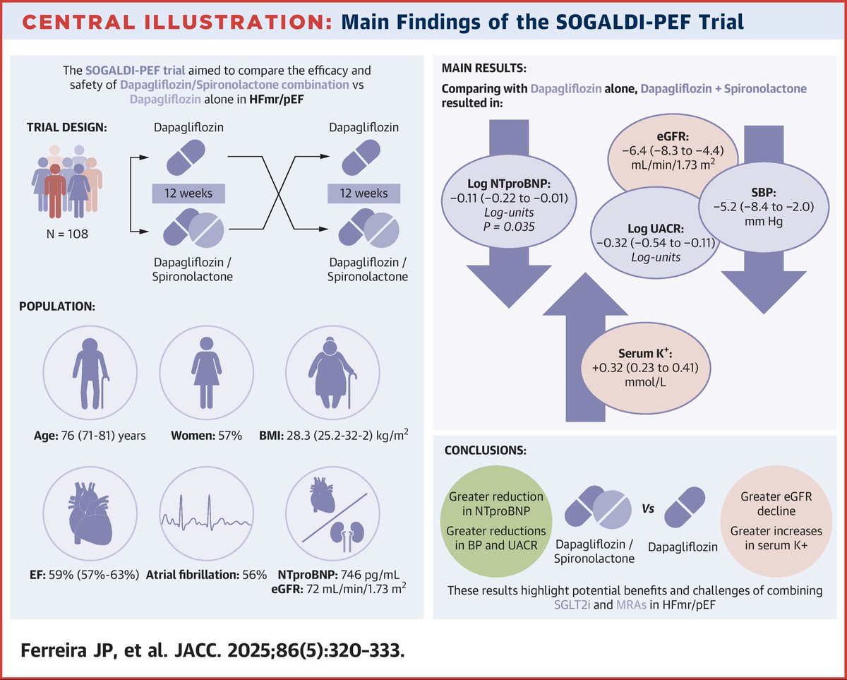 Sodium-Glucose Cotransporter 2 Inhibitor With and Without an Aldosterone Antagonist for Heart Failure With Preserved Ejection Fraction: The SOGALDI-PEF Trial

Dapagliflozin/spironolactone combination reduced NT-proBNP more than dapagliflozin. A greater eGFR decline and potassium