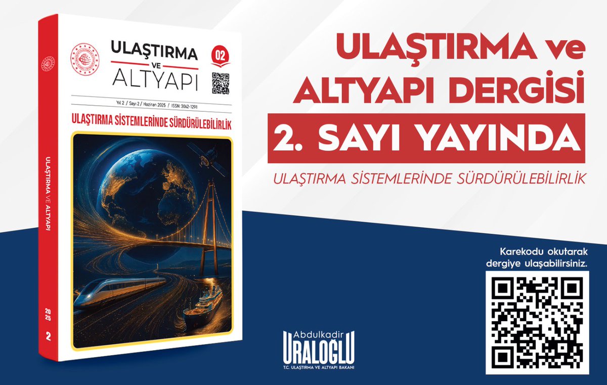 “Ulaştırma ve Altyapı Dergisi”nin 2️⃣. sayısını yayımladık.

Bu sayımızda “Ulaştırma Sistemlerinde Sürdürülebilirlik” temasını ele alarak;

🌍 Karbon emisyonlarının azaltılması,
⚡ Enerji verimliliği,
🚦 Akıllı ulaşım sistemleri,
🚇 Sürdürülebilir kent içi ulaşım planlamaları gibi