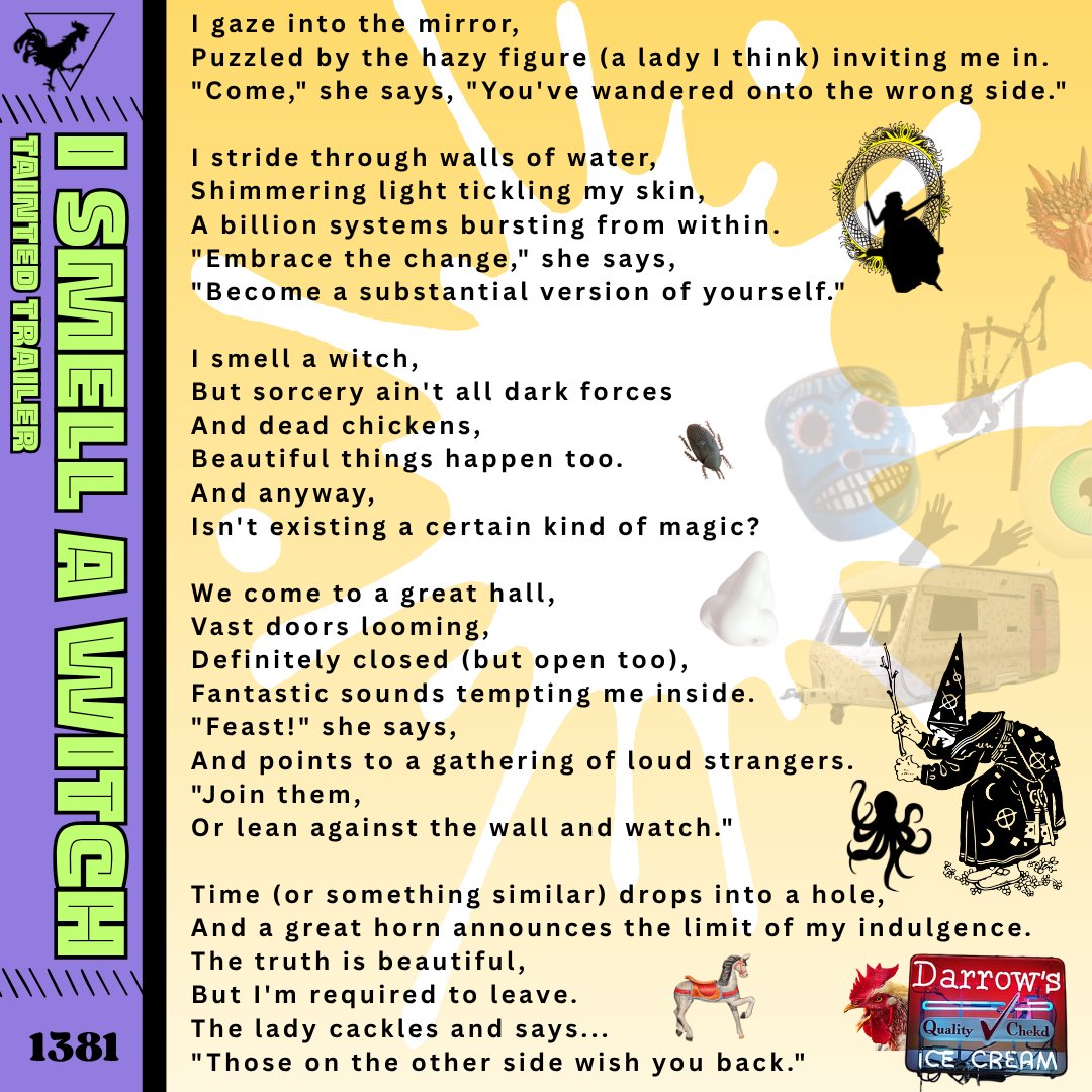 She shimmers like black gas,
All gaunt face
And long bones
(Yellow eyes and skin like #sapphire).
A red sparrow perches on my shoulder
As a rowdy hunger kicks in my stomach.
She knows exactly what I want,
And how I want it.
This can't be real!?
I SMELL A WITCH!
#vss365 👃