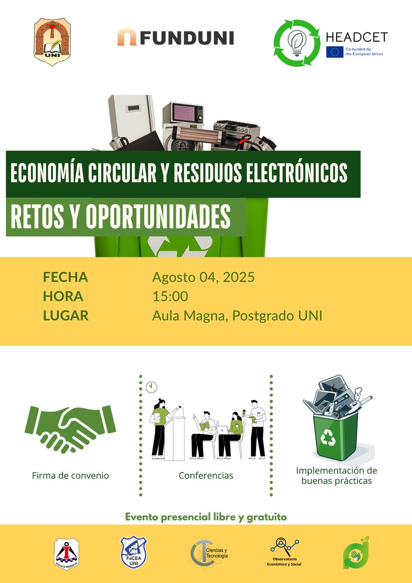 Sumate al evento “Economía circular y residuos electrónicos: retos y oportunidades”

 Lunes 04 de agosto de 2025
 15:00 hs
 Aula Magna - Escuela de Postgrado, Universidad Nacional de Itapúa