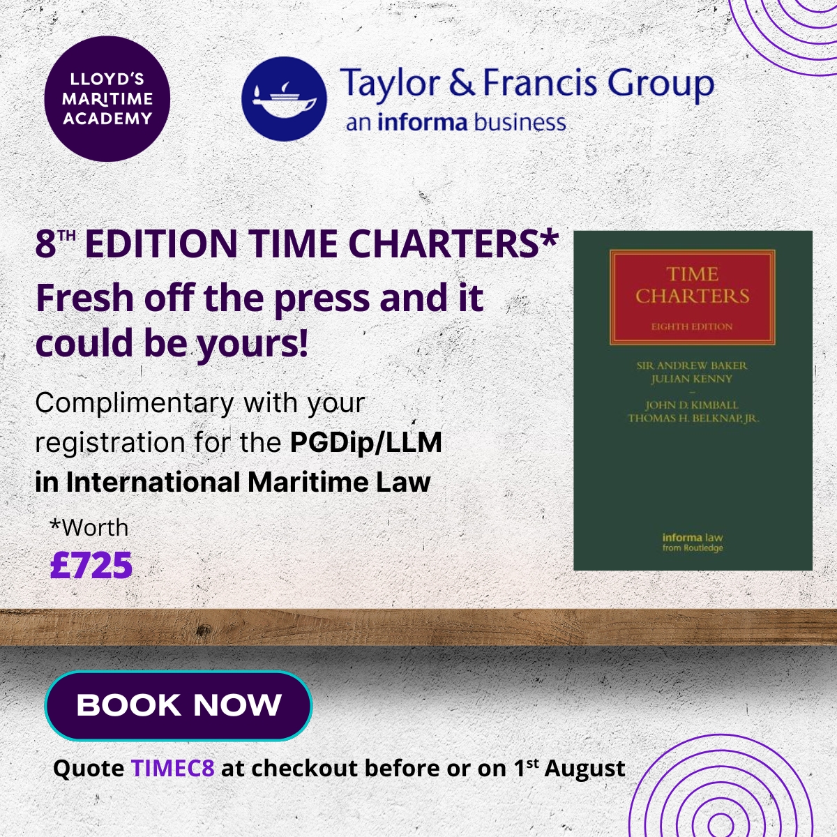 Only until 1 August! Claim your complimentary copy of the 8th edition Time Charters when you register for the PGDip/LLM in International Maritime Law.
Quote TIMEC8 at checkout 👉informaconnect.com/llm-in-interna… #maritimenews #law #MaritimeLaw #TimeCharters