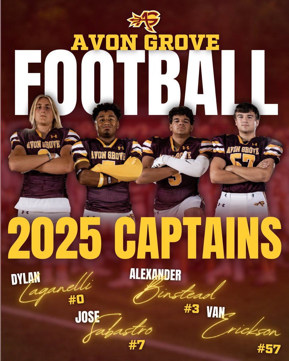 Proud to announce the 2025 Avon Grove Football Team Captains: Alexander Binstead, Van Erickson, Dylan Laganelli and Jose Sabastro.

Unity Through Accountability.