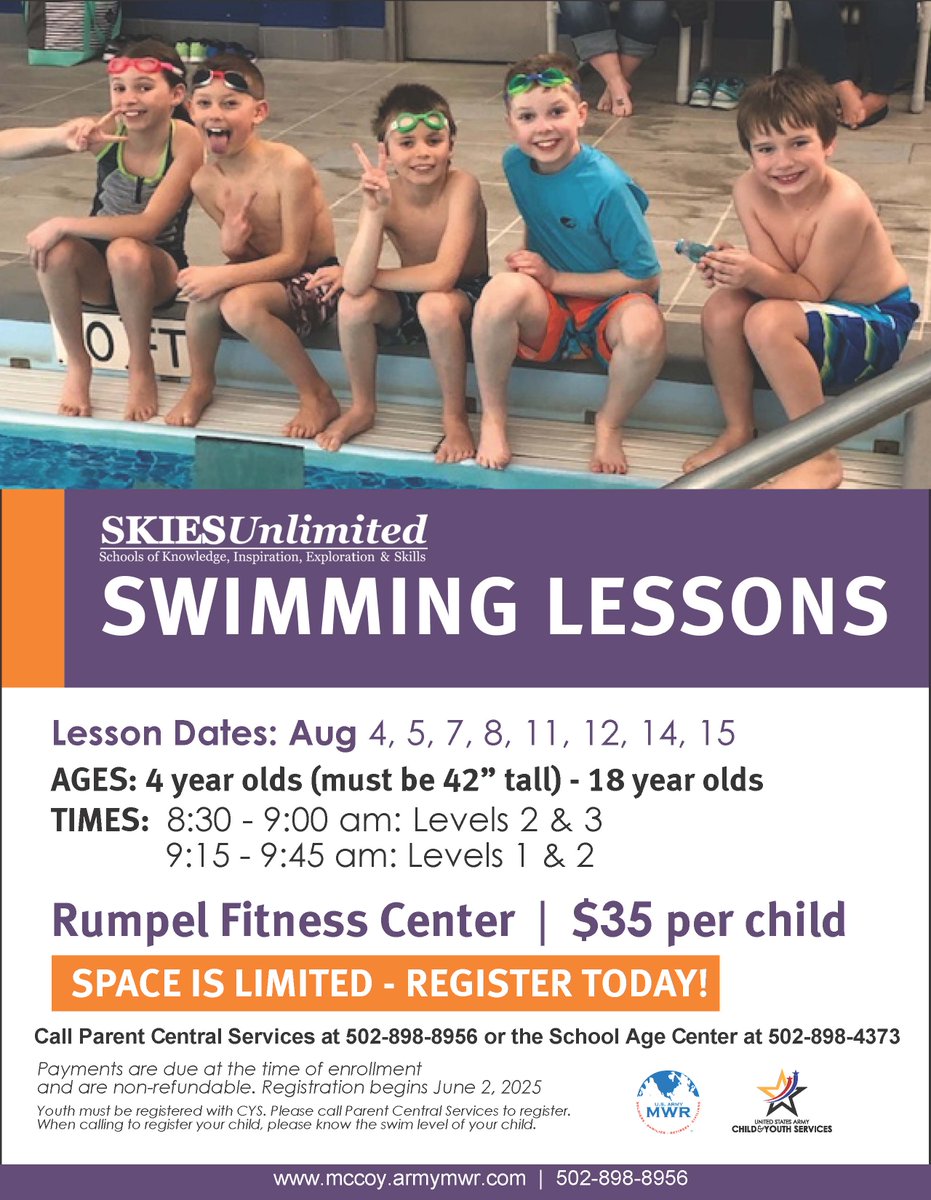 Fort McCoy MWR (@fortmccoymwr) on Twitter photo Spaces are still available for SKIES Swimming Lessons for kids 4 years and up! Get 8 lessons for just $35!
📲 Call 502-898-8956/4373 to register. <a href="/181MFTB/">181st Inf. Bde. (MFTB)</a> <a href="/USAGMcCoy/">Fort McCoy</a> <a href="/86thD/">86th Training Division</a> <a href="/88RDBlueDevils/">88th Readiness Division</a> <a href="/USArmyReserve/">U.S. Army Reserve</a> #SoldiersFamiliesRetireesCivilians #SKIESSwimmingLessons Spaces are still available for SKIES Swimming Lessons for kids 4 years and up! Get 8 lessons for just $35!
📲 Call 502-898-8956/4373 to register. <a href="/181MFTB/">181st Inf. Bde. (MFTB)</a> <a href="/USAGMcCoy/">Fort McCoy</a> <a href="/86thD/">86th Training Division</a> <a href="/88RDBlueDevils/">88th Readiness Division</a> <a href="/USArmyReserve/">U.S. Army Reserve</a> #SoldiersFamiliesRetireesCivilians #SKIESSwimmingLessons