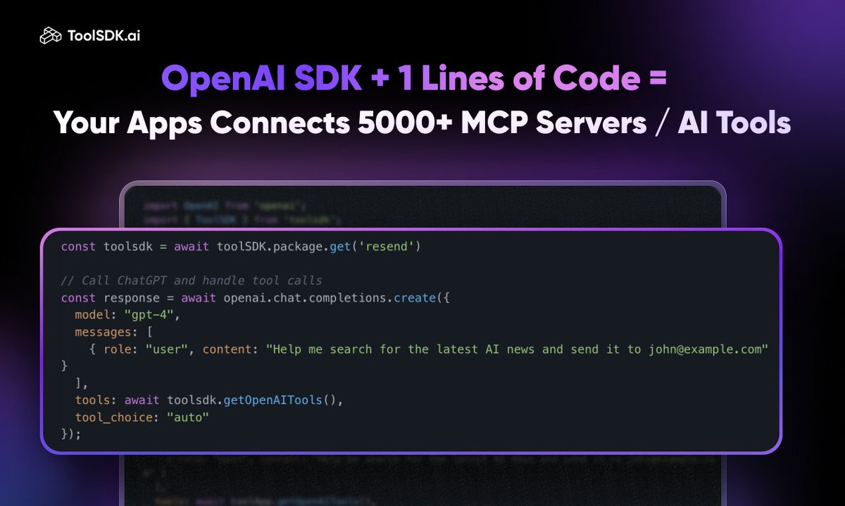 toolsdk_ai's tweet photo. 🚀Here! https://t.co/nM3Mc8mUgb — a free TypeScript SDK to connect your AI agents and automation apps with 5000+ MCP servers &amp; tools, all in 1 line of code.
💬Share &amp; Build our community!👇
🔗https://t.co/i46w2cKL4g
📦https://t.co/wSeQBDR8Sw
#AI #TypeScript #AIagents #DevTools https://t.co/kXvDqBJdiZ