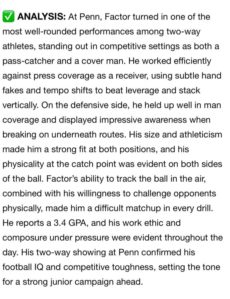 Canaan Factor (@canaanfactor26) on Twitter photo Appreciate this write-up from <a href="/sixstarfootball/">Six Star Football | PLUS+</a> and their evaluation of me from the <a href="/PennFB/">Penn Football</a> camp, where I competed on both sides of the ball.
<a href="/CoachPriore/">Coach P</a> <a href="/David_Josephson/">David Josephson</a> <a href="/Greg_Chimera/">Greg Chimera</a> <a href="/CoachDupont/">Jon Dupont</a> <a href="/CoachCless/">Marvin Clecidor</a> <a href="/coach_ru/">Rick Ulrich</a> <a href="/JClarkHFB247/">Jeremy Clark</a> Appreciate this write-up from <a href="/sixstarfootball/">Six Star Football | PLUS+</a> and their evaluation of me from the <a href="/PennFB/">Penn Football</a> camp, where I competed on both sides of the ball.
<a href="/CoachPriore/">Coach P</a> <a href="/David_Josephson/">David Josephson</a> <a href="/Greg_Chimera/">Greg Chimera</a> <a href="/CoachDupont/">Jon Dupont</a> <a href="/CoachCless/">Marvin Clecidor</a> <a href="/coach_ru/">Rick Ulrich</a> <a href="/JClarkHFB247/">Jeremy Clark</a>