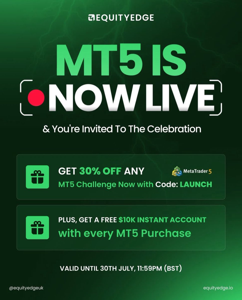 🚨 MT5 IS NOW LIVE at Equity Edge 🚨

Buy ANY $2.5K–$10K challenge → Get a FREE $10K Instant Account 💰
Use code LAUNCH for 30% OFF + your free account 🔥

Buy $25K or more → Get a FREE $25K Instant Account
Use code 25K for 30% OFF + your free account 🏆

🎯 Valid until 30 July