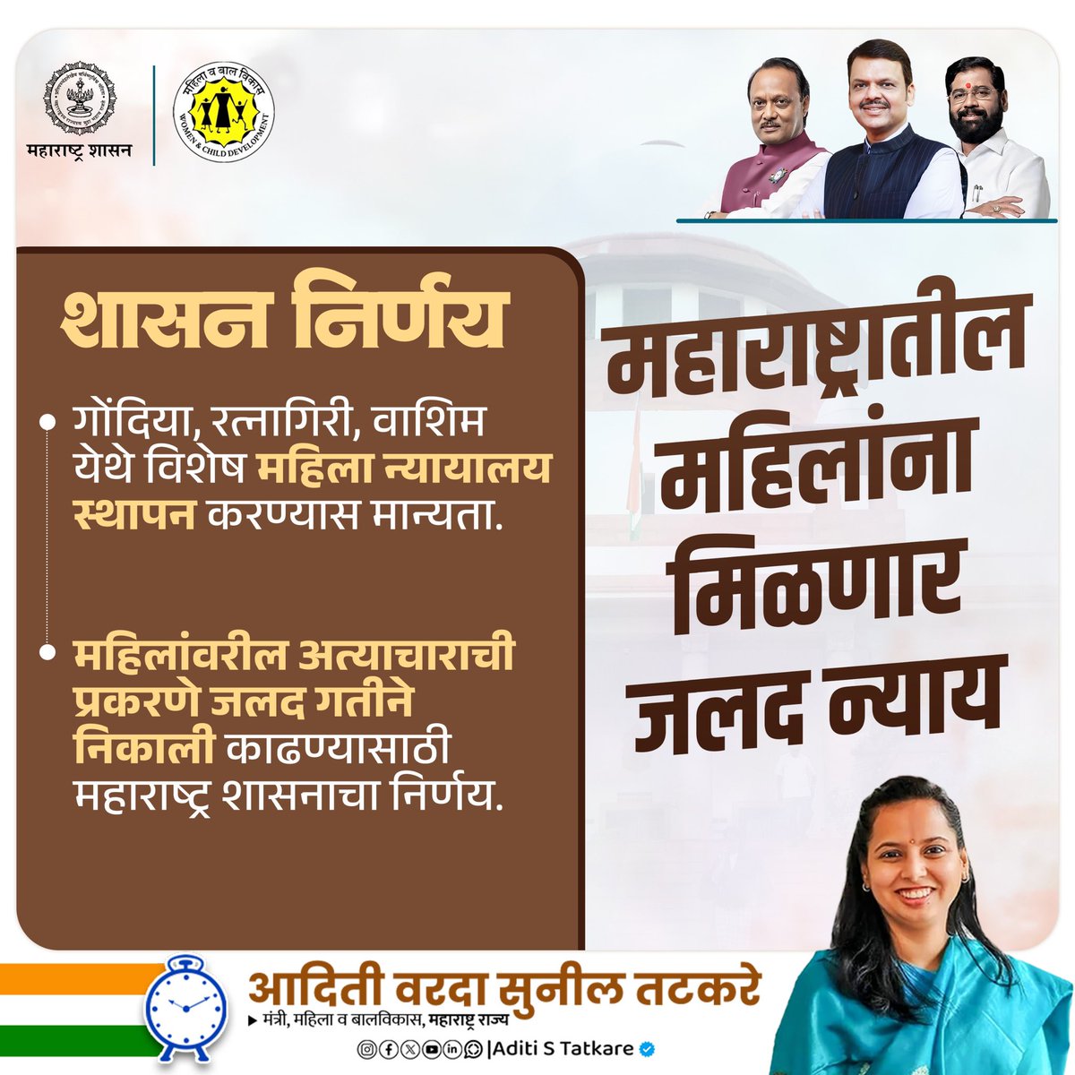 महाराष्ट्रातील महिलांना मिळणार "जलद न्याय" !

महिलांवरील अत्याचाराची प्रकरणे जलद गतीने निकाली काढण्यासाठी मुख्यमंत्री श्री. देवेंद्रजी फडणवीस साहेब, उपमुख्यमंत्री श्री. एकनाथजी शिंदे साहेब, उपमुख्यमंत्री श्री. अजितदादा पवार यांच्या मार्गदर्शनात गोंदिया, रत्नागिरी व वाशिम येथे