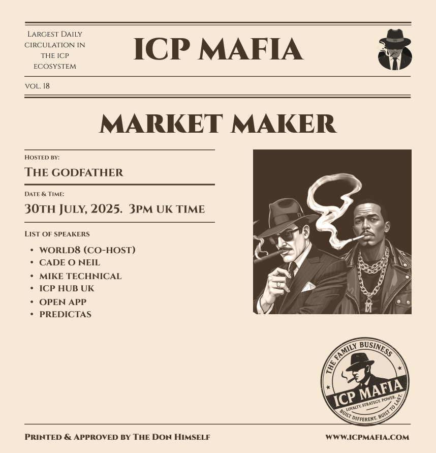 Icpmafia (@icpmafia) on Twitter photo The streets are talking.
Deals are brewing.
And ICP Mafia is calling the next round.
ποΈ 30th July, 2025
π 3PM UK Time
πTwitter/X Live
Featuring:
<a href="/world8io/">World8io</a> (Co-Host)
<a href="/CadeONeill/">Cade O'Neill</a>
<a href="/Real_MAP_Tech/">MAP Technical Forecasting</a>
<a href="/Icphub_UK/">ICP HUB United Kingdom</a>
<a href="/OpenInvestment_/">Open Investment</a>
<a href="/Predictas/">Predictas</a>
πΌ Join the family gathering where The streets are talking.
Deals are brewing.
And ICP Mafia is calling the next round.
ποΈ 30th July, 2025
π 3PM UK Time
πTwitter/X Live
Featuring:
<a href="/world8io/">World8io</a> (Co-Host)
<a href="/CadeONeill/">Cade O'Neill</a>
<a href="/Real_MAP_Tech/">MAP Technical Forecasting</a>
<a href="/Icphub_UK/">ICP HUB United Kingdom</a>
<a href="/OpenInvestment_/">Open Investment</a>
<a href="/Predictas/">Predictas</a>
πΌ Join the family gathering where