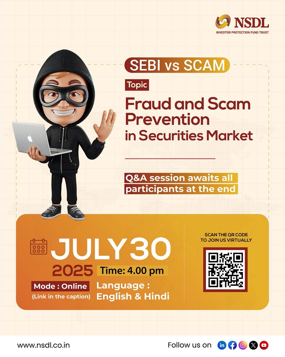 Protect your investments with expert knowledge!

Join CMA Vigneshwaran T's webinar on Fraud and Scam Prevention in Securities on July 30 at 4:00 PM.

Register now: :us06web.zoom.us/meeting/regist…

#NSDL #ScamAwareness #SecureInvesting #InvestorProtection
#NSDLIPFT #Fraudandscam