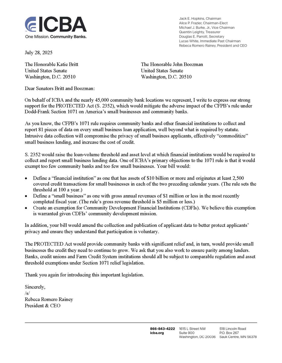 John R Ramage (@john_r_ramage) on Twitter photo . <a href="/ICBA/">Independent Community Bankers of America</a> sent a letter to <a href="/SenKatieBritt/">Senator Katie Boyd Britt</a> and Senator <a href="/JohnBoozman/">Senator John Boozman</a> expressing strong support for the PROTECTED Act (S. 2352), which would mitigate the adverse impact of the CFPB’s rule under Dodd-Frank Section 1071 on America’s small businesses and community banks. . <a href="/ICBA/">Independent Community Bankers of America</a> sent a letter to <a href="/SenKatieBritt/">Senator Katie Boyd Britt</a> and Senator <a href="/JohnBoozman/">Senator John Boozman</a> expressing strong support for the PROTECTED Act (S. 2352), which would mitigate the adverse impact of the CFPB’s rule under Dodd-Frank Section 1071 on America’s small businesses and community banks.