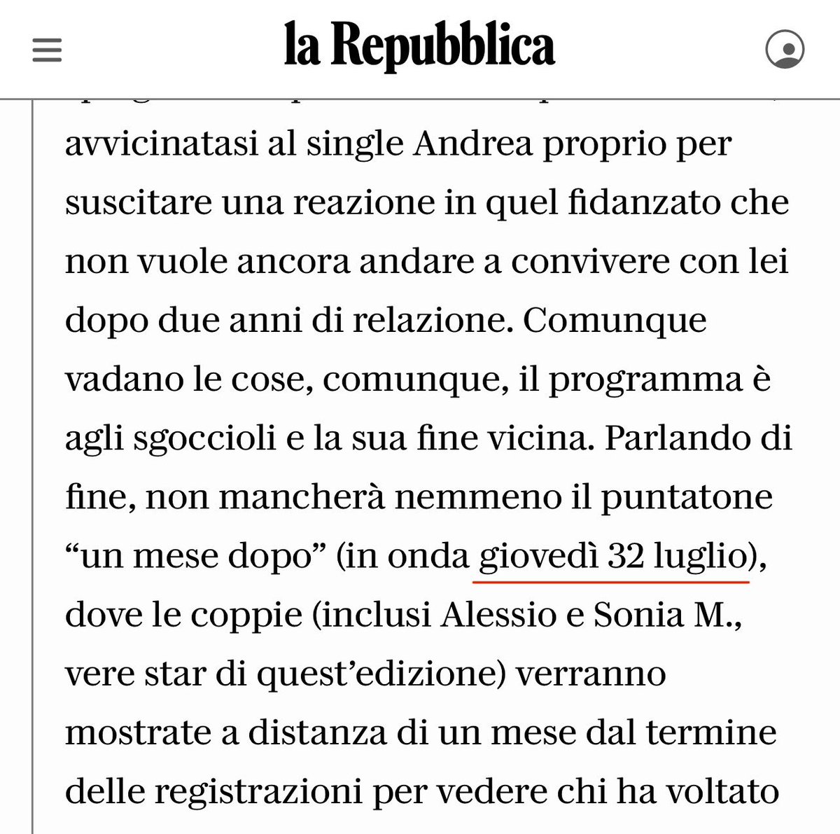Tutti sintonizzati giovedì 32 luglio! <a href="/repubblica/">Repubblica</a> <a href="/pazzoperrep/">PazzoPerRepubblica</a> #TemptationIsland
