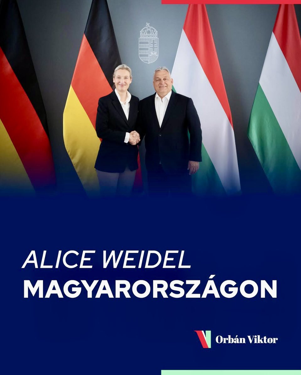 Viktor Orbán: „Europa steht vor großen Herausforderungen: Krieg, Migration, eine schwächere Wirtschaft. Wir werden jede Hilfe benötigen, die wir bekommen können, um damit umzugehen. Alice Weidel und ich haben heute darüber gesprochen.“

Zwei standhafte Patrioten, die zu ihrem