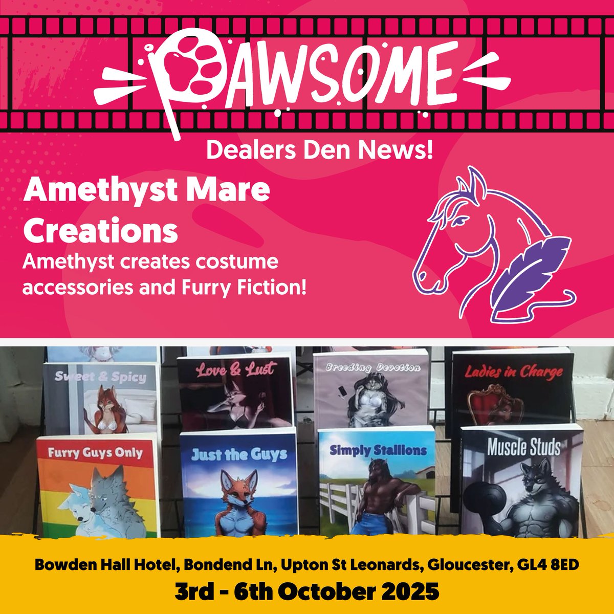The driving force behind Amethyst Mare Creations is @arianmabe, an incredibly talented multidisciplinary artist and writer, and we're delighted to welcome them back to Pawsome and the Dealer's Den for a second year — check them out at linktr.ee/amethystmare!