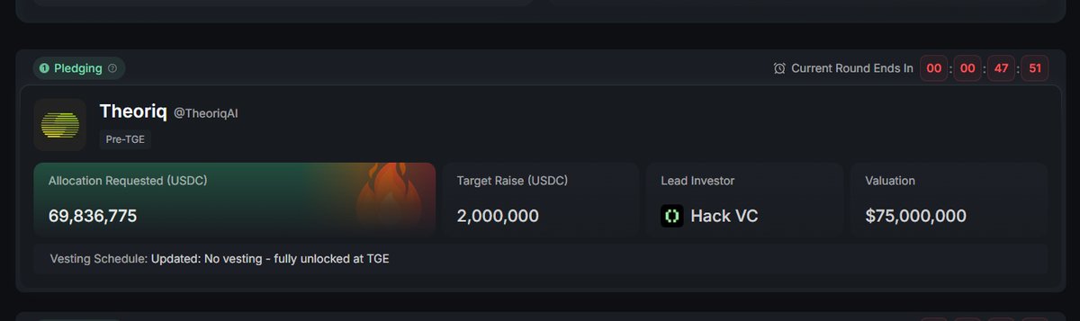 恭喜 Theoriq <a href="/TheoriqAI/">Theoriq</a> 在 <a href="/KaitoAI/">Kaito AI 🌊</a> 上的 Capital  Launchpad 超募达成！

Theoriq 预定筹集200万 USDC ，当前认购达到 6700 万 USDC ！代币 $SHQ 将在TGE后全解锁自由流通！

官方有格局有信心，全解锁很有吸引力，非常适合现在快节奏的web3用户。大家都受够了等待，喜欢快进快出，秒买秒卖~😂