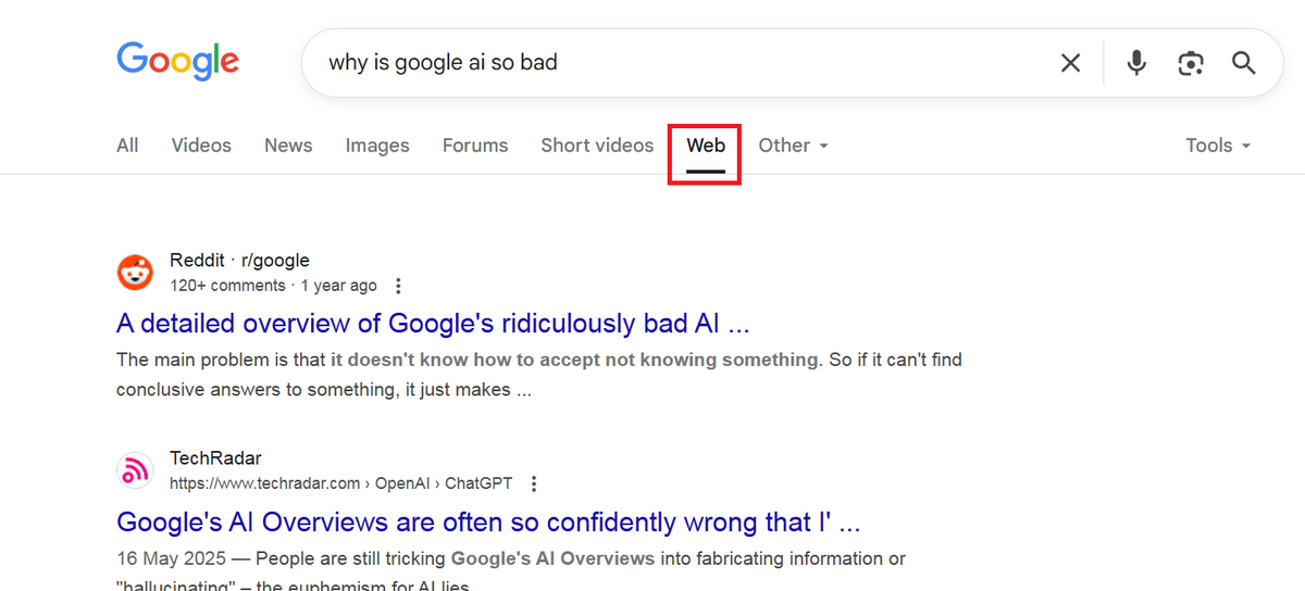 RobertPostings's tweet photo. @lizziedearden Google AI summaries are awful, wish they could be easily turned off. However, they can be avoided by selecting the 'web' search function from the options under the search bar, which provides just the search results. None of the AI/summaries/questions etc https://t.co/dQO3P0wR9p