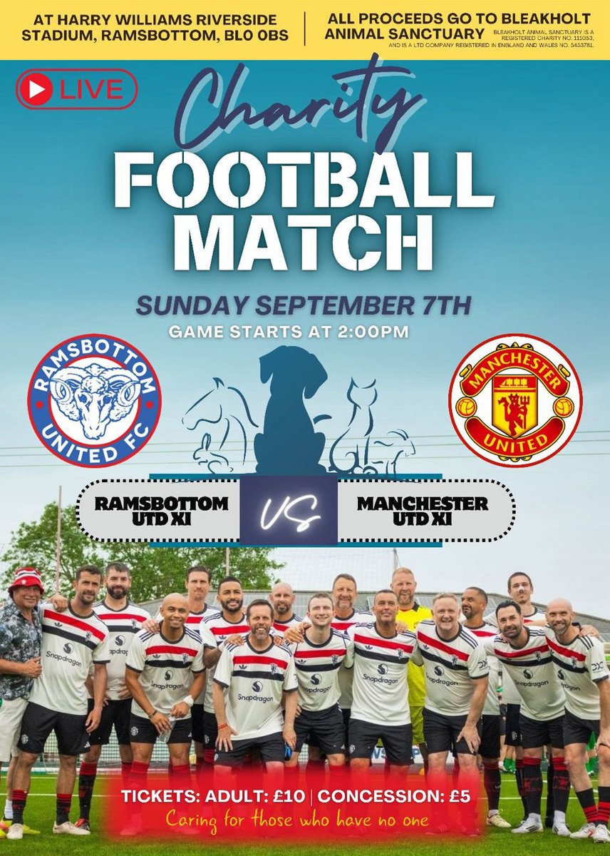 𝗗𝗔𝗧𝗘 𝗙𝗢𝗥 𝗬𝗢𝗨𝗥 𝗗𝗜𝗔𝗥𝗬

We have a special treat for you on Sunday 7th September when a Ramsbottom United XI will play a charity match against a Manchester United XI.

The game starts at 2pm and prices on the day are adults £10, concessions £5, cash only as usual at