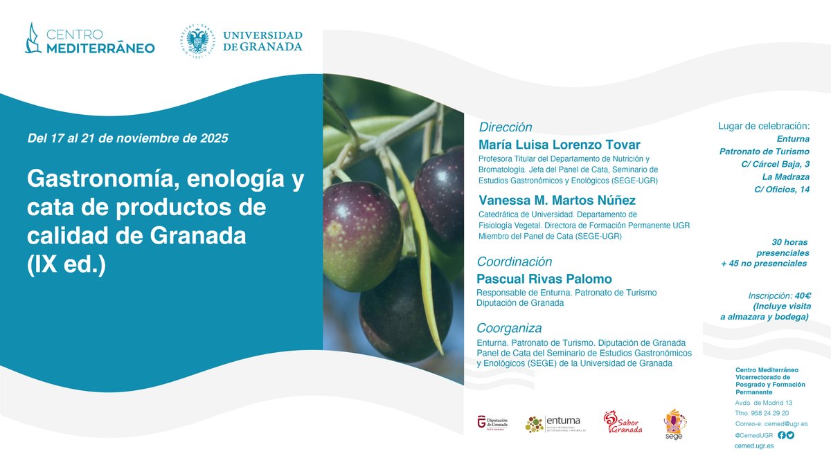 Curso presencial: "Gastronomía, enología y cata de productos de calidad de Granada (IX ed.)"
Del 17 al 21 de noviembre de 2025
30 horas presenciales
Más información: cemed.ugr.es/curso/25gr46/
#cursoscemed