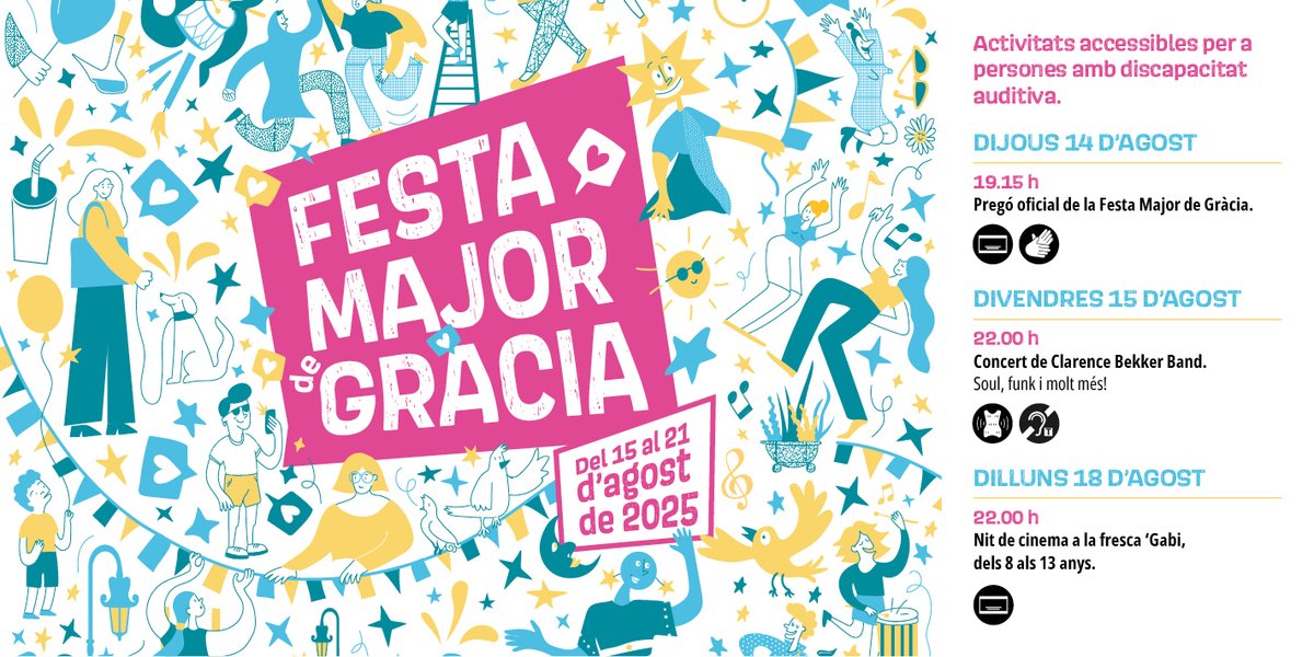 📢Agost ens convida a una festa molt especial, la #FMGràcia25! Aquest any amb actes inclusius a les persones amb #sordesa:  

🥁Subtitularem el pregó amb Maria Gargante.
🎤Concert accessible de Clarence Bekker gràcies a <a href="/EnBucleBcn/">EnBucle</a>
🍿Cinema amb  subtítols!
acapps.org/web/2025/07/29…