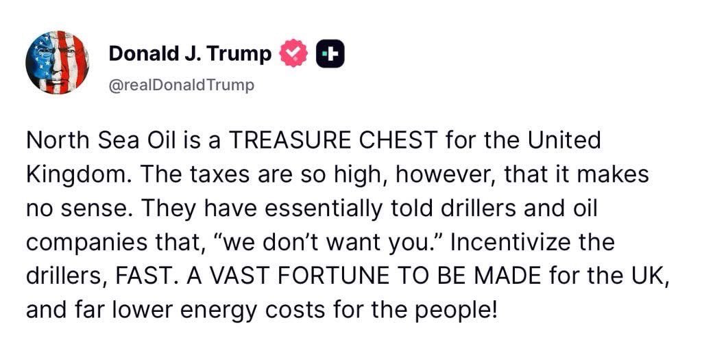 🇬🇧 Trump gets it!

North Sea oil is a goldmine but thanks to insane taxes and Net Zero madness, we’re leaving it untapped. Reform UK will unlock our energy, lower bills, and put the British people first. 💥