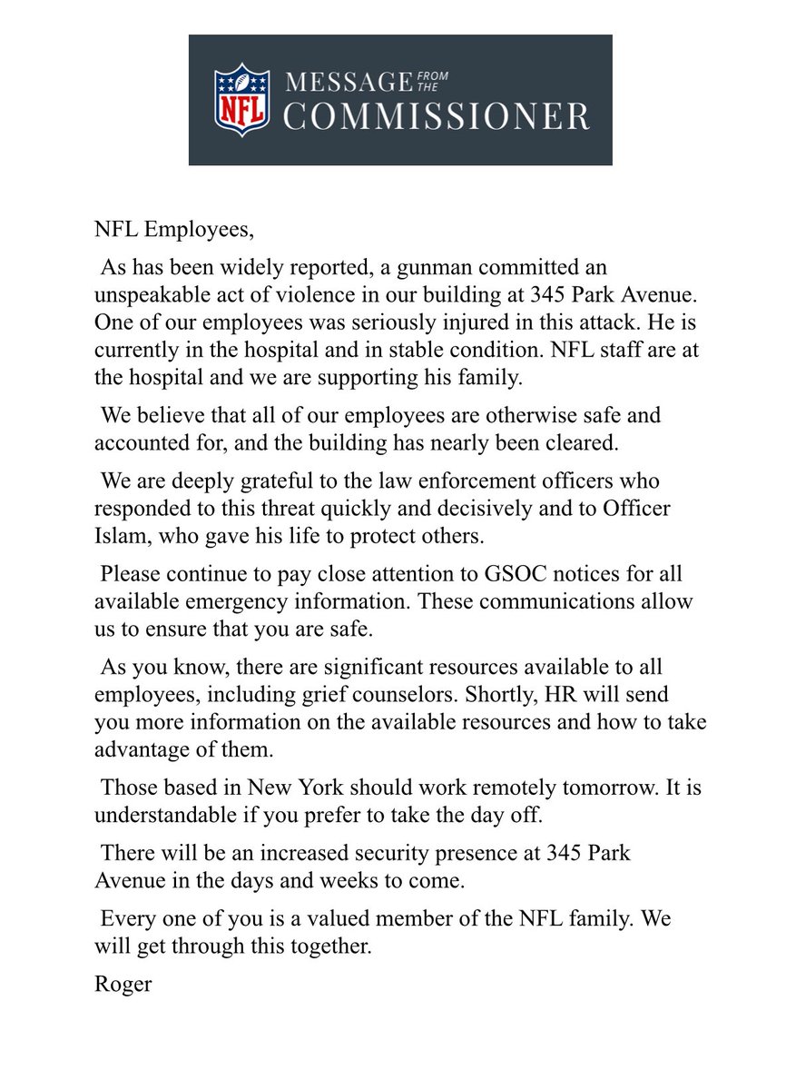 NFL Commissioner Roger Goodell sent the attached message to NFL employees.