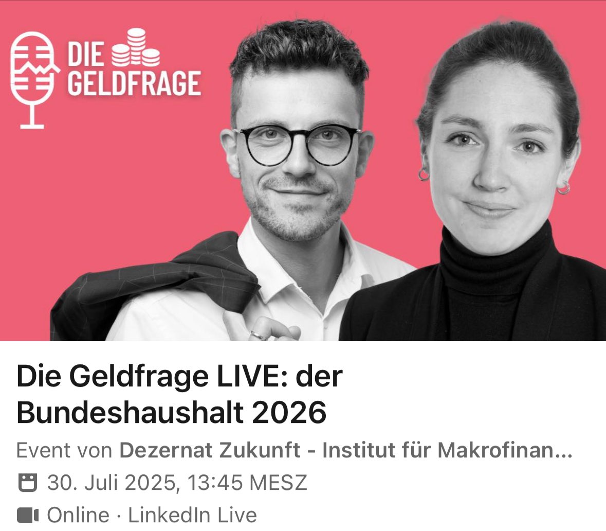 Philippa Sigl-Glöckner (@philippasigl) on Twitter photo ++Morgen, 30.7, 13:45 Uhr++
Direkt im Anschluss an die Pressekonferenz zum #Bundeshaushalt gibt es #dieGeldfrage das erste Mal live!
<a href="/fl_schuster/">Florian Schuster-Johnson</a> <a href="/DezernatZ/">Dezernat Zukunft @dezernatzukunft.bsky.social</a>
linkedin.com/events/haushal… ++Morgen, 30.7, 13:45 Uhr++
Direkt im Anschluss an die Pressekonferenz zum #Bundeshaushalt gibt es #dieGeldfrage das erste Mal live!
<a href="/fl_schuster/">Florian Schuster-Johnson</a> <a href="/DezernatZ/">Dezernat Zukunft @dezernatzukunft.bsky.social</a>
linkedin.com/events/haushal…