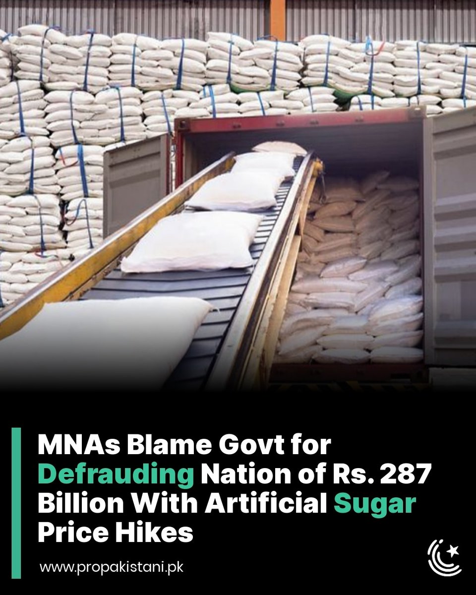 ProPakistaniPK's tweet image. The Public Accounts Committee (PAC) on Tuesday held a heated session on the sugar crisis, with members blaming the government for defrauding the nation of Rs. 287 billion due to artificial sugar price hikes.