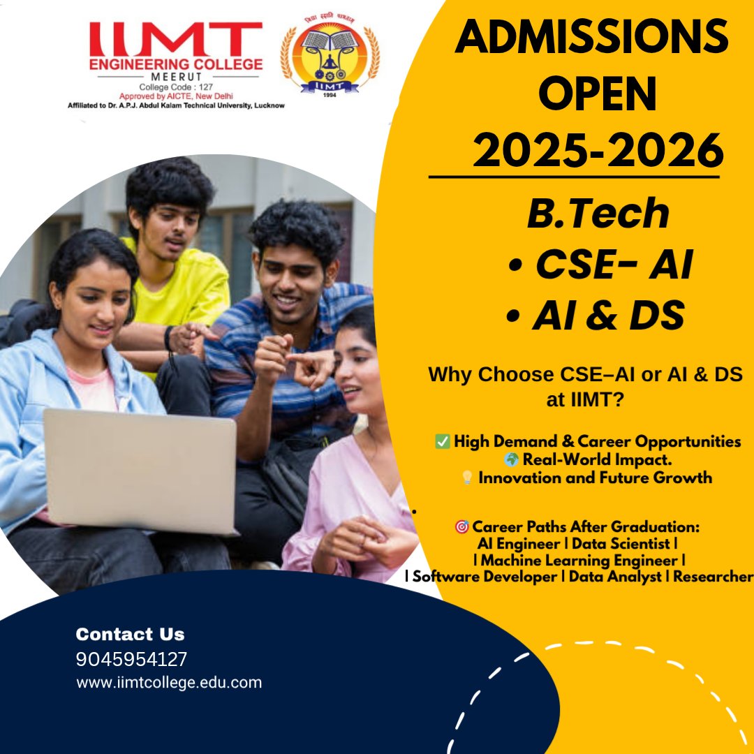 iiciimtcollege's tweet image. 🎓 ADMISSIONS OPEN 2025-26

🚀 Build your future with cutting-edge technology!
Join our prestigious BTech programs in:
✅ CSE - Artificial Intelligence (AI)
✅ AI &amp;amp; DS

📞 Apply Now 
🌐 iimtcollege.edu.in/apply-now
📲 Call: +91 9045954127

#BTechAdmissions #IIMTEngineeringCollege
