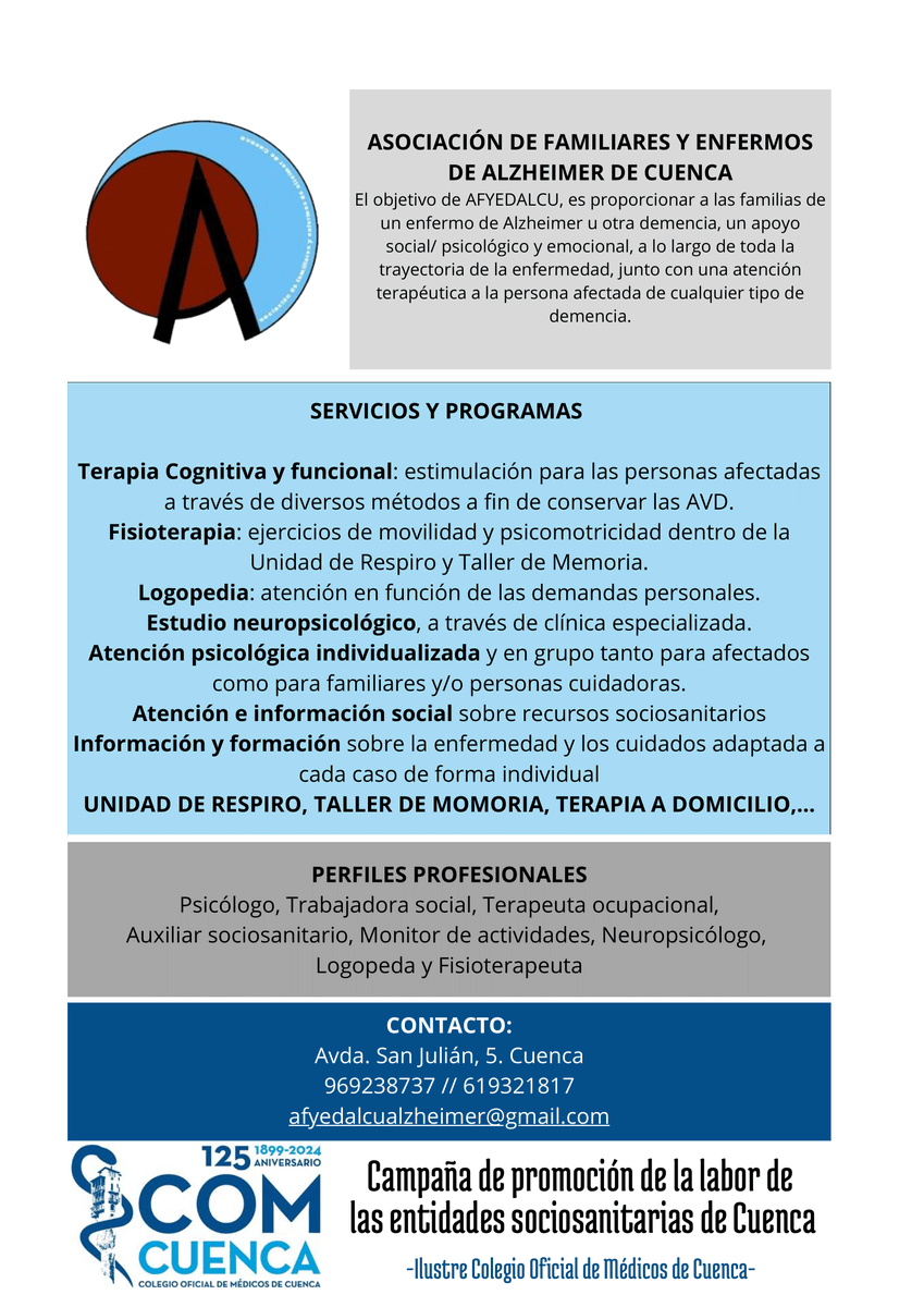 📍Campaña de promoción de la labor de las entidades sociosanitarias de Cuenca.

💙Asociación de Familiares y Enfermos de Alzheimer de Cuenca.