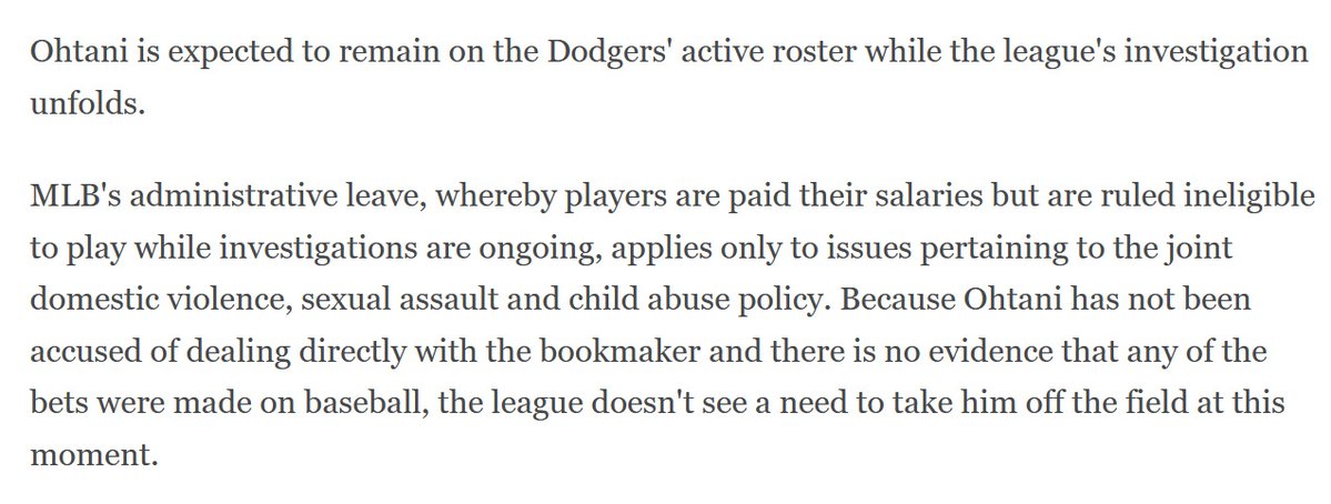 I see this a lot, but betting on baseball was never suspected, so it's apples to oranges. espn.com/mlb/story/_/id…

When ESPN ran the story, like 4 agencies were already deeply investigating. If MLB were tipped off that it involved baseball, like other cases, he'd be on leave too.