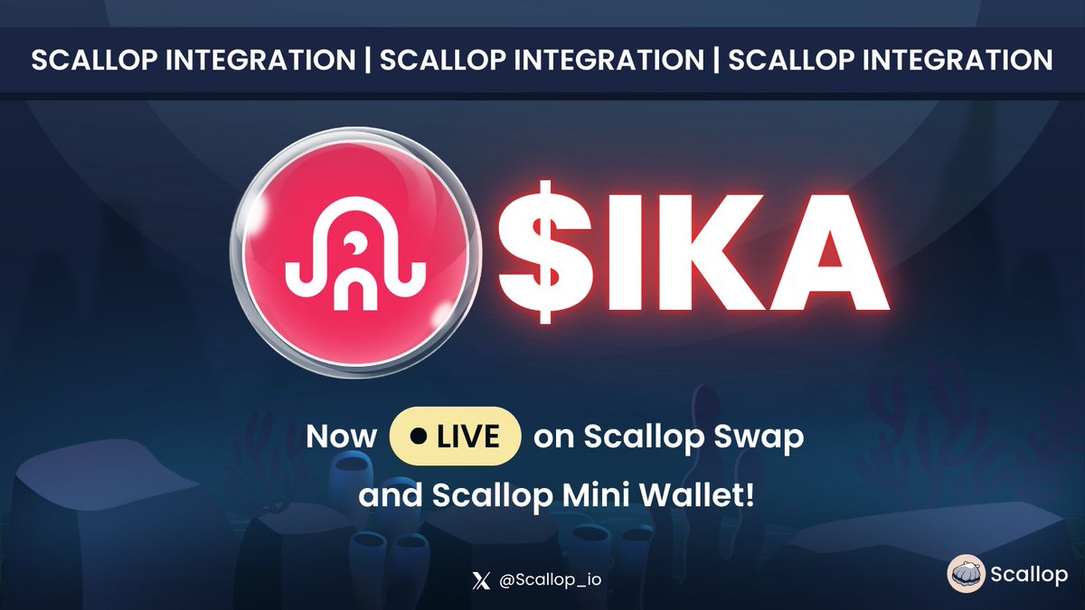 🦑SCALLOP INTEGRATION - $IKA by <a href="/ikadotxyz/">Ika「🦑」</a> 

$IKA by <a href="/ikadotxyz/">Ika「🦑」</a> is now live on Scallop Swap and listed on Scallop Mini Wallet!

Scallop is proud to support the launch of Ika, the world's fastest parallel MPC network, on Sui Network.

Swap $IKA Today: app.scallop.io