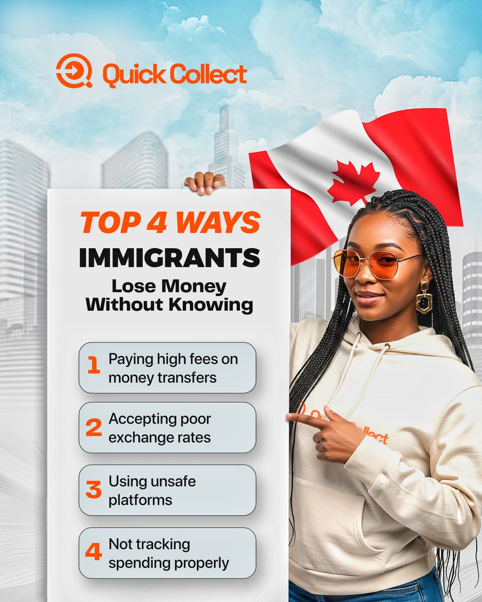 quickcollects's tweet photo. Top 4 ways immigrants lose money without knowing🇨🇦
From high fees to bad exchange rates, it’s costing you more than you think.

Switch to Quick Collect for zero-fee, real-time transfers from Canada to Nigeria, Ghana &amp; more🧡
#QuickCollect #SendMoneyFromCanada #CADtoNGN #CADtoGHS https://t.co/DUfDPjcr3v