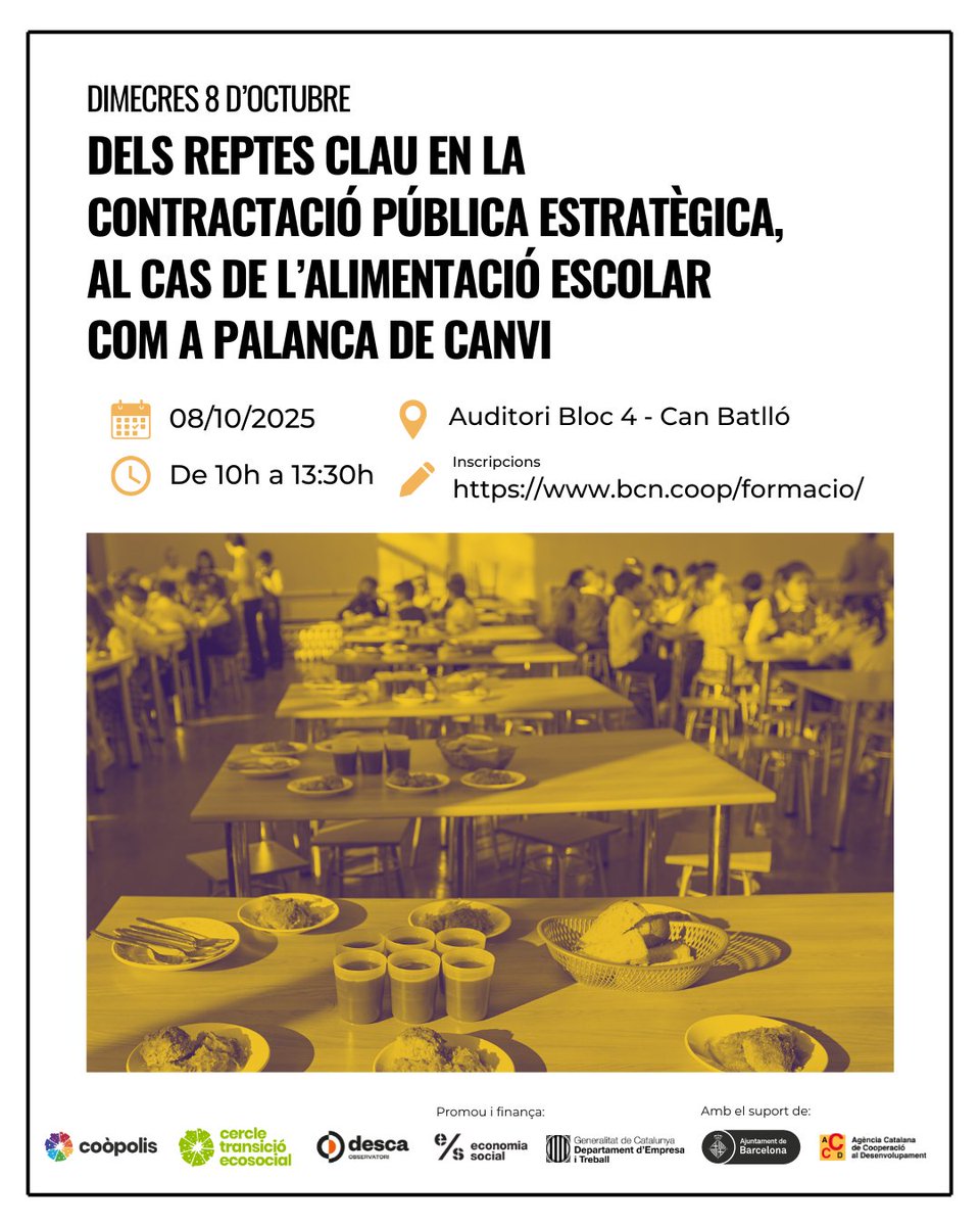 [📣NOVA DATA!] Dels reptes clau en la contractació pública estratègica al cas de l’alimentació escolar com a palanca de canvi. Amb <a href="/coopolis_bcn/">Coòpolis Barcelona</a> 

D'on venen els productes i serveis que contracta l'Administració?🤔🍊

📅 Dimecres 08/10 - 10h
📍 <a href="/Bloc4BCN/">Bloc4BCN - Espai cooperatiu</a>
👉
