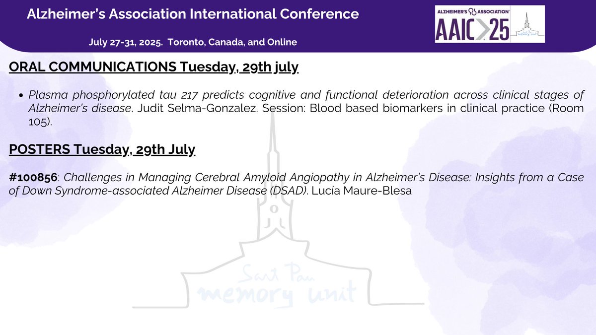 SantPauMemory's tweet photo. Tuesday’s sessions from @SantPauMemory at #AAIC2025 are live 🧪💭 Don’t miss the plenary session by Dr. Juan Fortea 🧐and other latest research updates #ENDAlz https://t.co/4PQjU4WahO