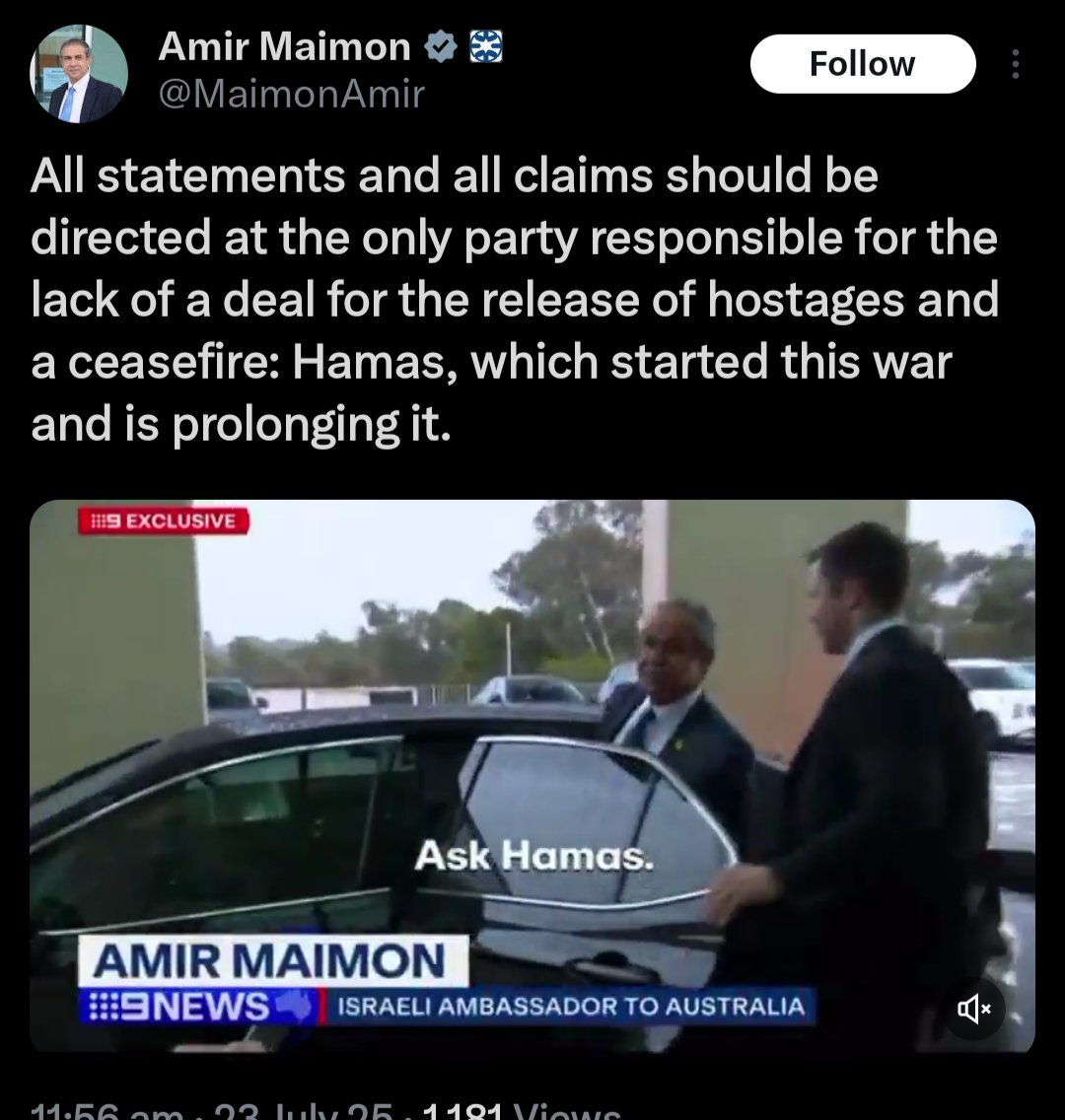 Rustinyoureye's tweet image. Amir Maimon's father, David Maimon, was a military governor of Gaza prior to the blockade who was particularly notable for encouraging extreme violence against Palestinians.
His son, the current Israeli ambassador to Australia, works to continue the genocide his father began.