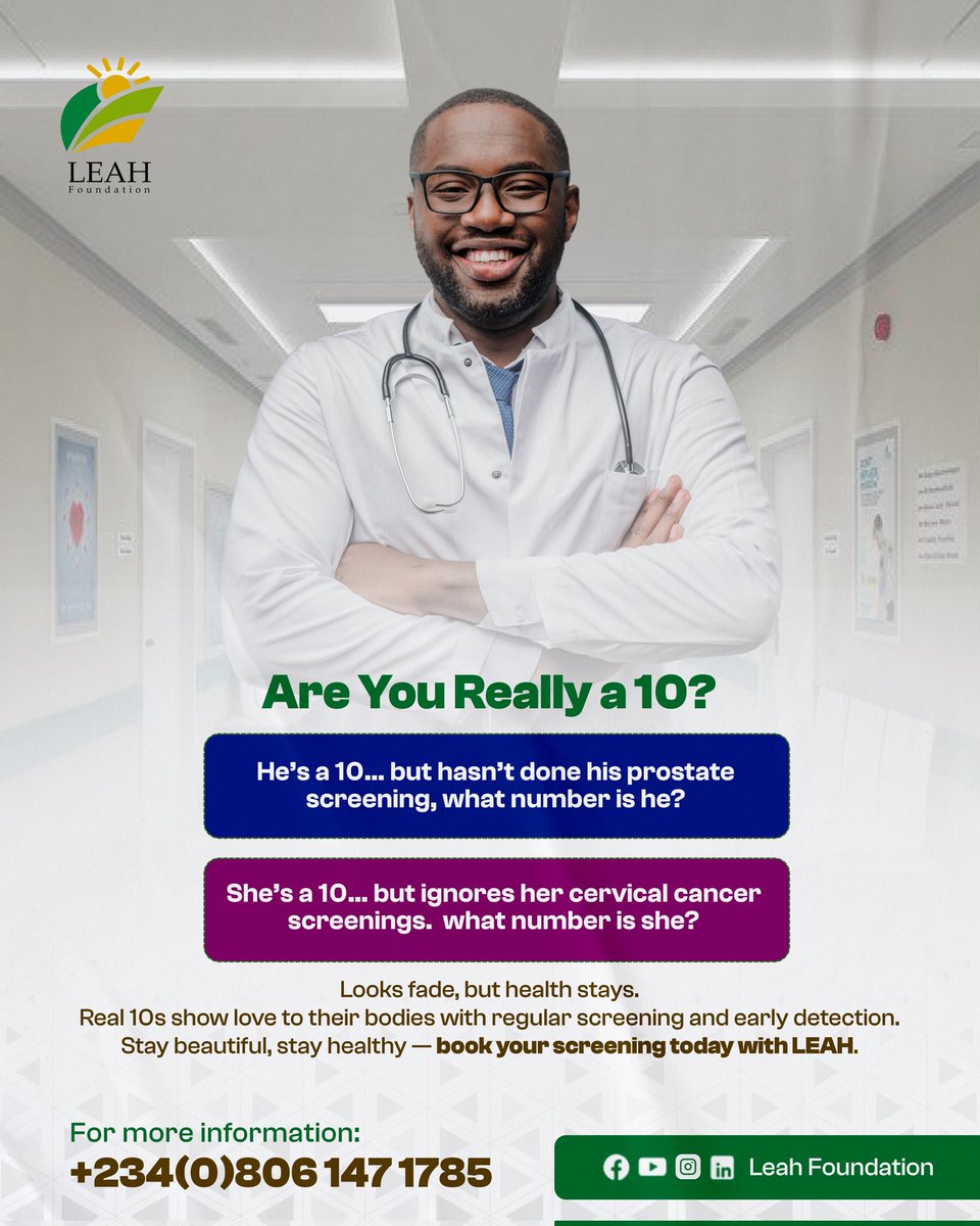 leah_foundation's tweet photo. Are You Really a 10? 👀💯
You're fine, no doubt… but have you checked your health lately?

✨ Stay beautiful. Stay healthy.
📅 Book your screening today with LEAH Foundation.

#AreYouReallyA10 #LEAHFoundation #CancerAwareness #ProstateScreening #CervicalCancer #HealthIsWealth https://t.co/TjM4PYlKLP