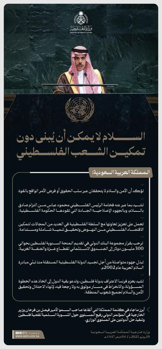 🔴 سعودی وزیر خارجہ شہزادہ فیصل بن فرحان کی جانب سے بین الاقوامی کانفرنس میں فلسطینی مسئلے کے پُرامن حل اور دو ریاستی حل پر عملدرآمد سے متعلق کی گئی تقریر کے اہم نکات: