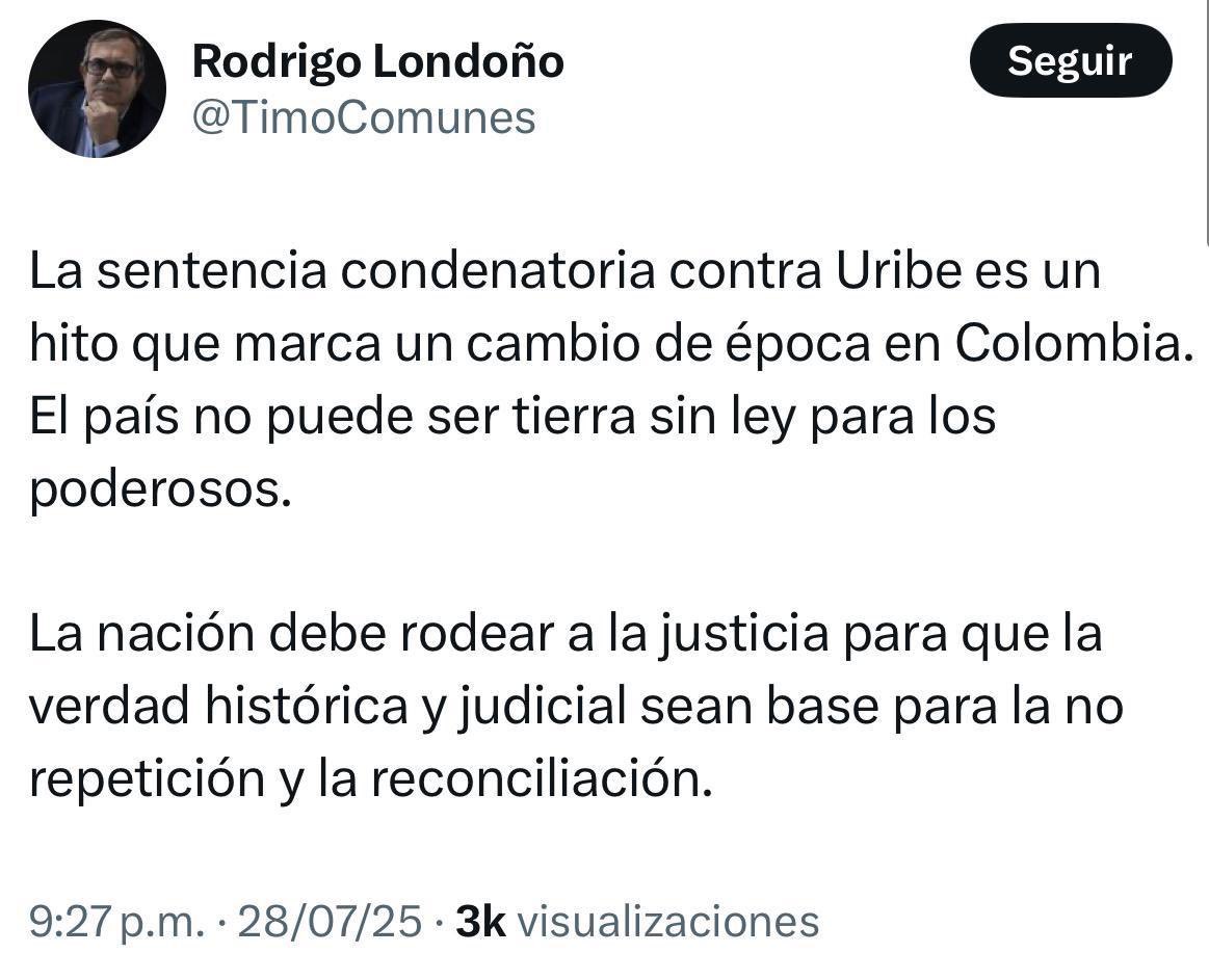 Carolina Arbeláez (@kroarbelaez) on Twitter photo La condena contra <a href="/AlvaroUribeVel/">Álvaro Uribe Vélez</a> se ha convertido en el mayor triunfo político de las FARC.
Timochenko, que lideró una estructura criminal responsable de secuestros, asesinatos, extorsión, reclutamiento forzado y del abuso sistemático de más de 18.000 niños, no ha pasado un La condena contra <a href="/AlvaroUribeVel/">Álvaro Uribe Vélez</a> se ha convertido en el mayor triunfo político de las FARC.
Timochenko, que lideró una estructura criminal responsable de secuestros, asesinatos, extorsión, reclutamiento forzado y del abuso sistemático de más de 18.000 niños, no ha pasado un