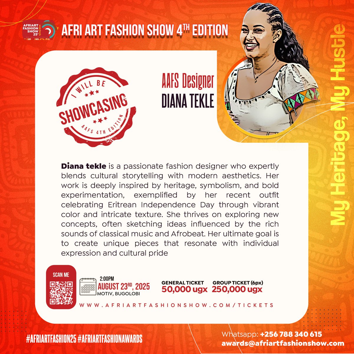 *Afri Art Fashion Show 2025* 

*DESIGNER_HIGHLIGHTS*

Diana tekle is a passionate fashion designer who expertly blends cultural storytelling with modern aesthetics. 

Her work is deeply inspired by heritage, symbolism, and bold experimentation, exemplified by her recent outfit
