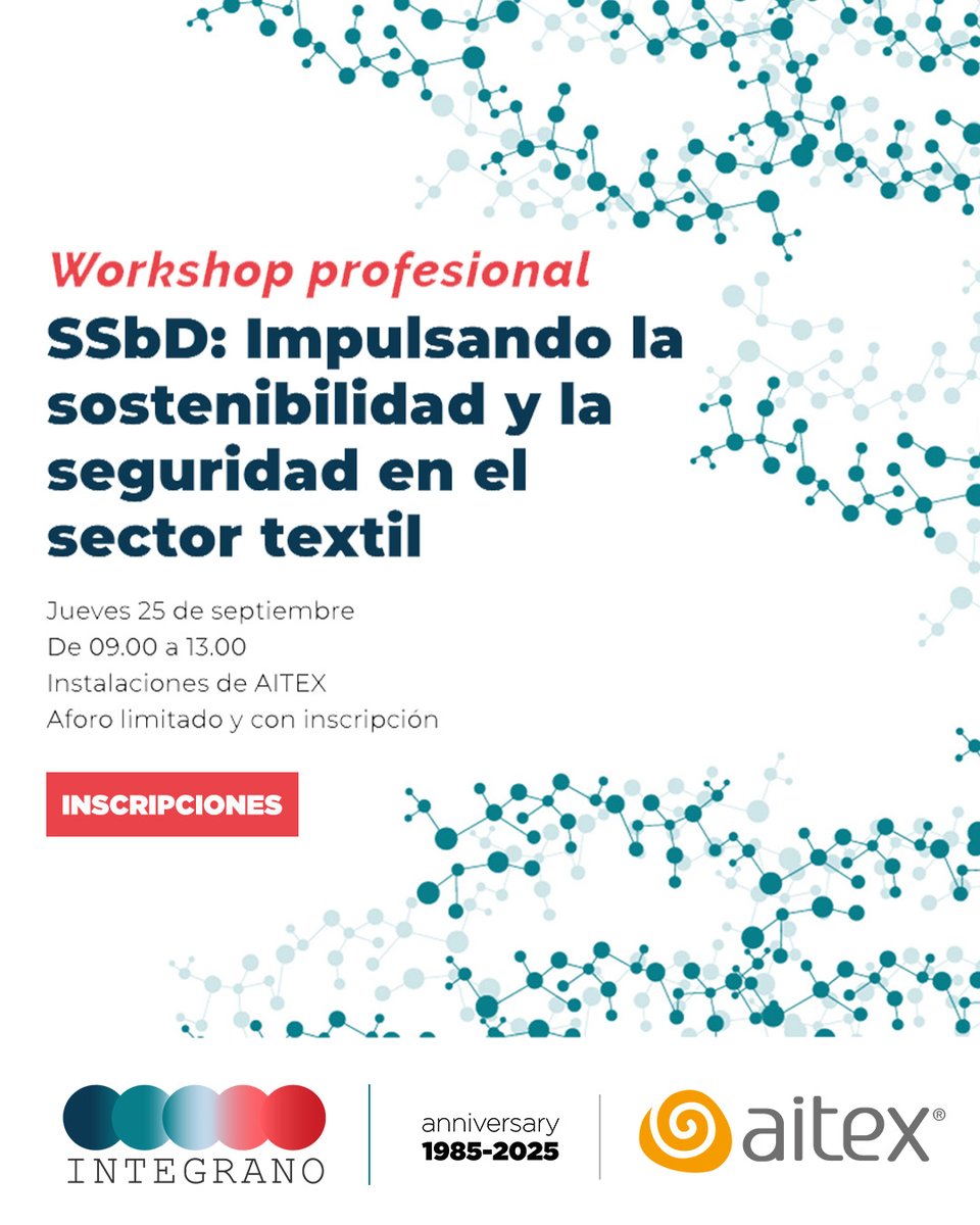 📢 #AITEX organiza un workshop la metodología 'Safe and Sustainable by Design' (#SSbD). Se centrará en su aplicación práctica al sector textil, abordando tanto los fundamentos teóricos como ejemplos reales de implementación. 

Inscripciones: aitex.es/workshop-profe…