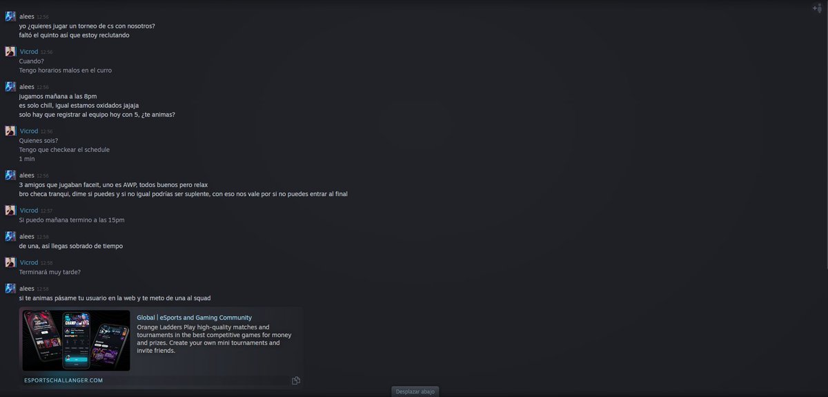 🧵 Acaban de intentar robarme la cuenta de Steam.

Me llega un mensaje de supuestamente <a href="/alees_cs/">Álex Gómez</a> invitándome a un torneo para mañana.
Todo parecía normal y me pide que le de mi usuario para registrar al equipo.