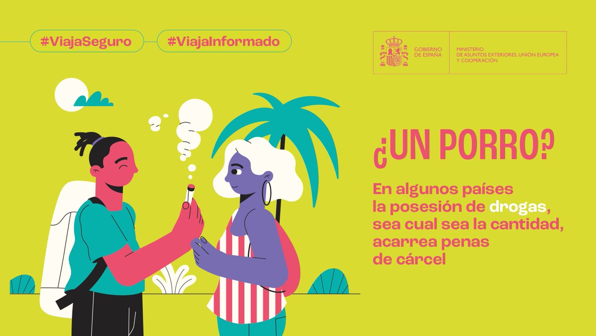 ✈️ ¿Viajas al extranjero este verano?

🔒 Recuerda que, en algunos países, la posesión de drogas, sea cual sea la cantidad, acarrea penas de cárcel.

#ViajaSeguro y #ViajaInformado.

ℹ️ Consulta las recomendaciones de viaje para cada país en ⤵️

 f.mtr.cool/pxiqaxhttv