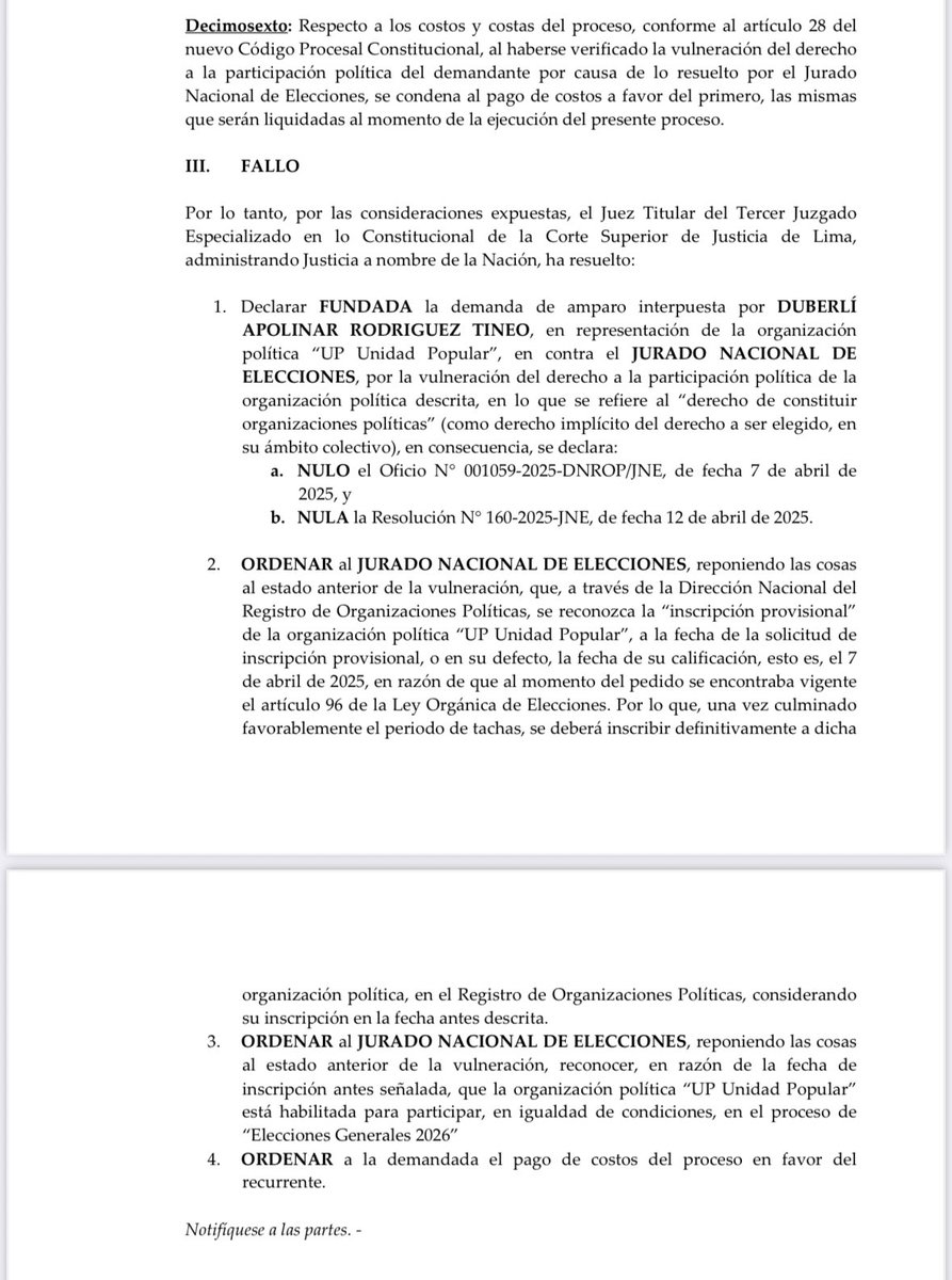 Juzgado Constitucional de la Corte Superior de Justicia de Lima concede recurso de amparo en favor del partido Unidad Popular, representado por Duberli Rodríguez, y ordena al <a href="/JNE_Peru/">JNE Perú</a> que inscriba al partido y le reconozca su habilitación para participar en las elecciones de