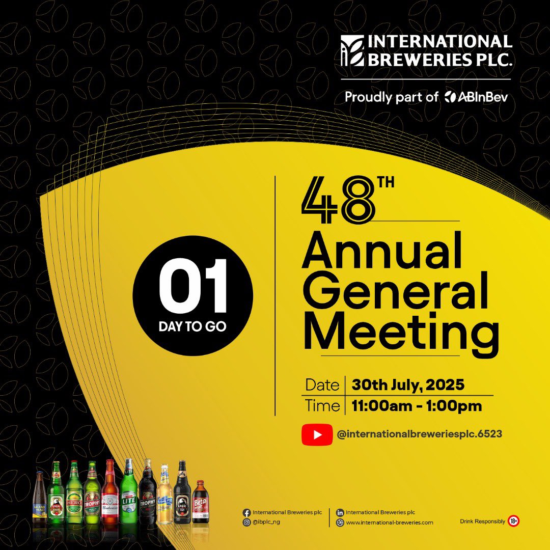 Just 1 day to go

Be part of the conversation as we raise a toast to progress at the International Breweries PLC Annual General Meeting — happening tomorrow, July 30, from 11AM to 1PM.

We dream big to create a future with more cheers.

#IBPLC #CheersToProgress