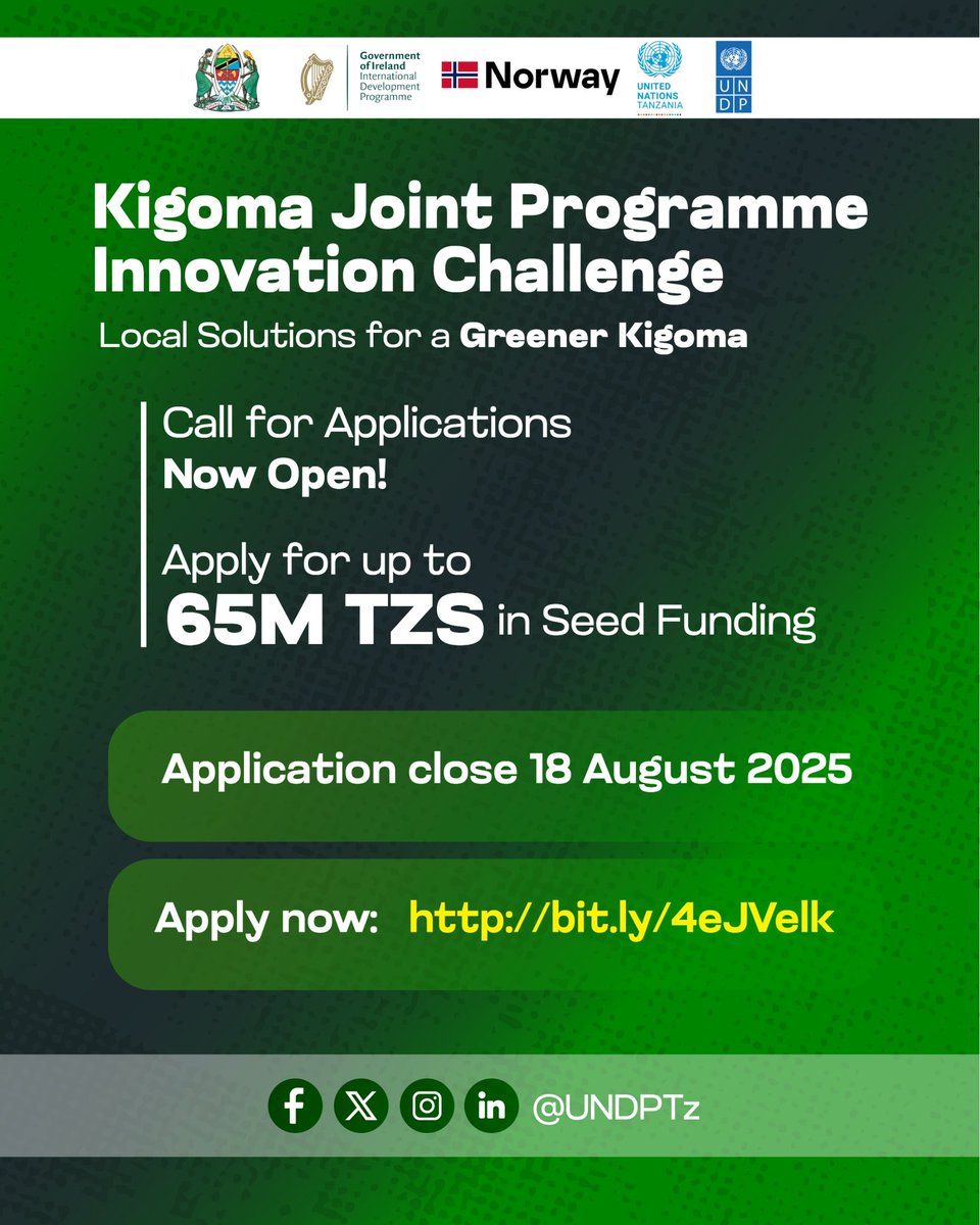 UNDP Tanzania (@undptz) on Twitter photo We are calling for changemakers in 🇹🇿! Do you have a bold green idea?
Apply Now to the KJPII Innovation Challenge for up to TZS 65M in seed funding 💸
Thank you to our partners 🇳🇴, <a href="/IrlEmbTanzania/">Irish Embassy Dar</a> , & <a href="/UnitedNationsTZ/">UN Tanzania 🇺🇳</a>
Deadline: 18 August 2025.
#KJPIIChallenge #GreenInnovationTZ We are calling for changemakers in 🇹🇿! Do you have a bold green idea?
Apply Now to the KJPII Innovation Challenge for up to TZS 65M in seed funding 💸
Thank you to our partners 🇳🇴, <a href="/IrlEmbTanzania/">Irish Embassy Dar</a> , & <a href="/UnitedNationsTZ/">UN Tanzania 🇺🇳</a>
Deadline: 18 August 2025.
#KJPIIChallenge #GreenInnovationTZ