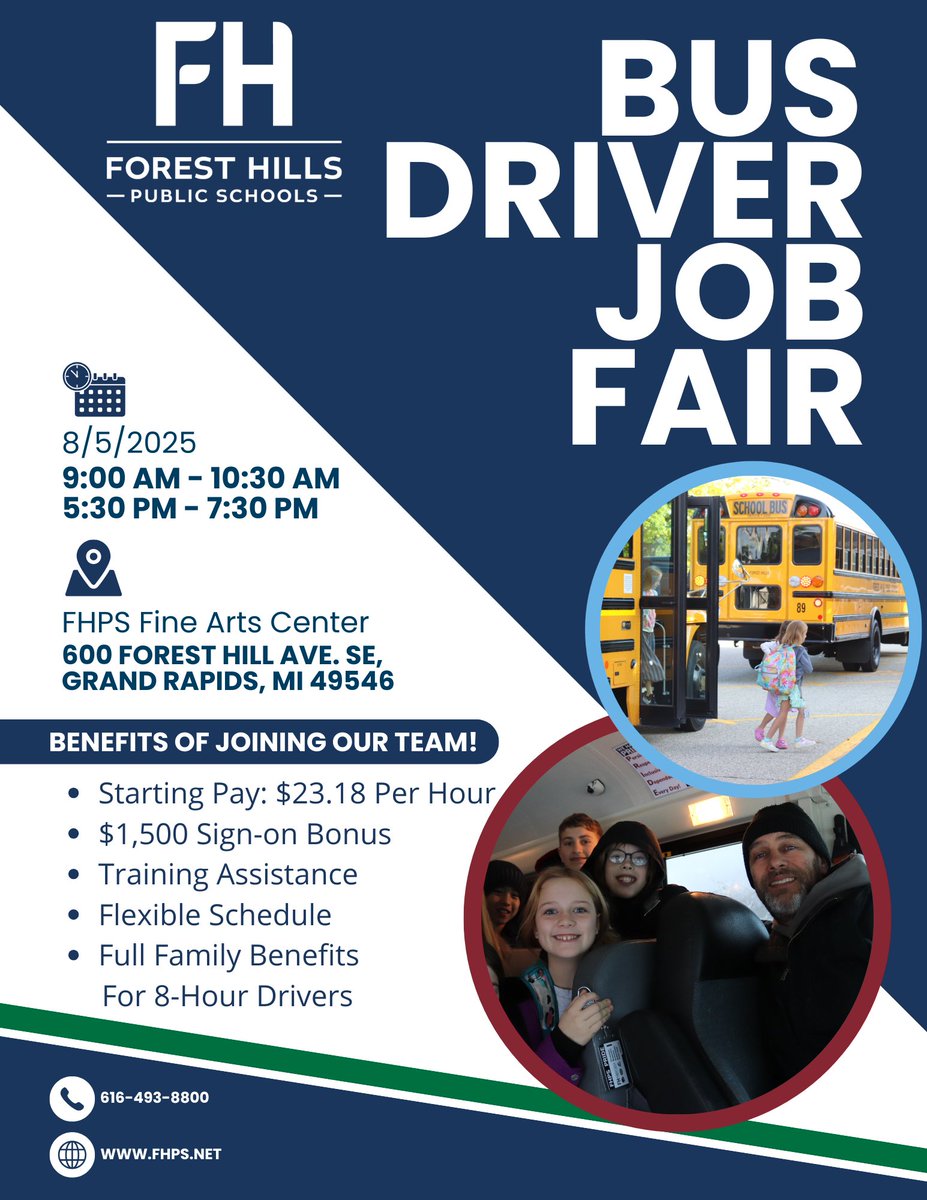 FHPS is hosting a Bus Driver Job Fair on August 5, 2025!
Join us at the Fine Arts Center during one of two sessions: 9:00–10:30 AM or 5:30–7:30 PM. We’ll offer on-the-spot interviews &amp; a chance to test drive a bus. We can't wait to see you there!