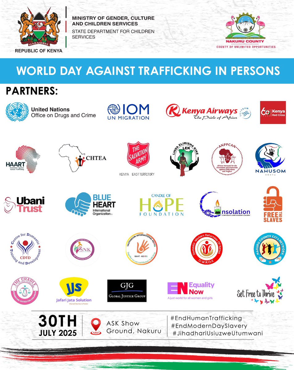 CTiP_Kenya's tweet photo. Human trafficking is organized crime – let's #EndTheExploitation. 
On #WorldDayAgainstTraffickingInPersons, we raise our voices and reaffirm our commitment to ending this heinous crime.

#EndHumanTrafficking #EndModernDaySlavery
#JihadhariUsiuzweUtumwani https://t.co/NbQIFlVNP7